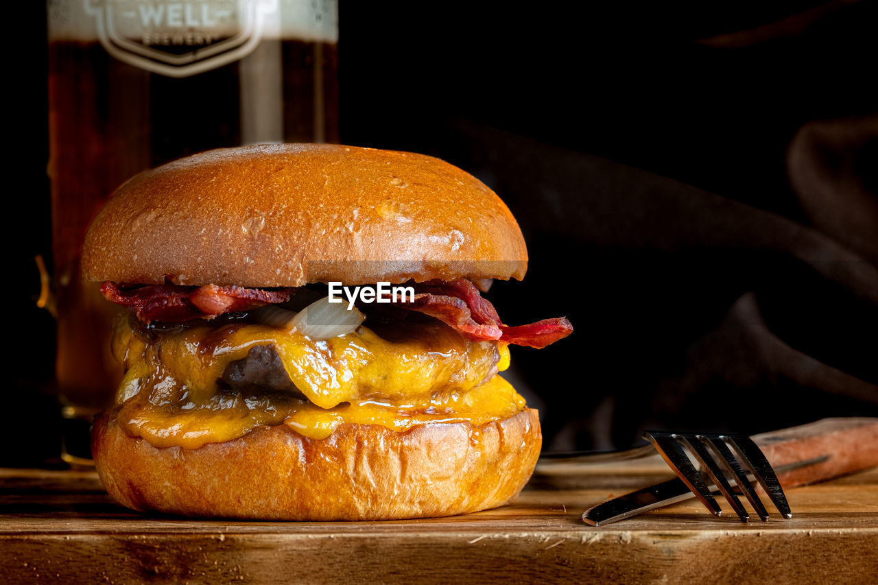 close-up of burger on table