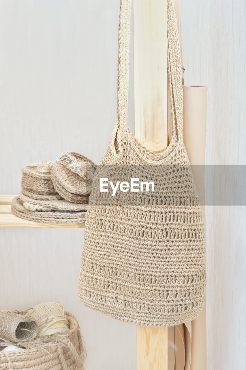 Handmade knitted shoulder bag made of jute. boho eco shopper, reusable sustainable shopping. diy 