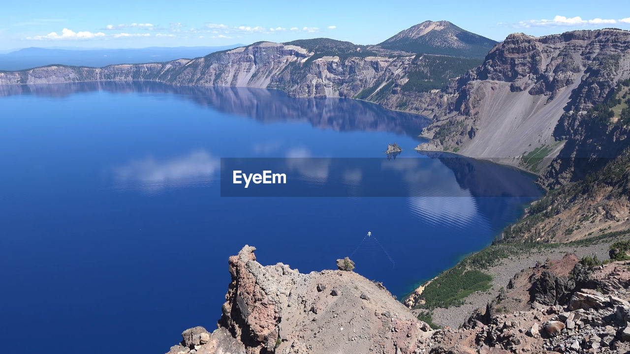 Panoramic view of lake and mountains against sky