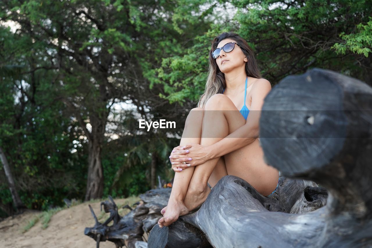 Woman in sunglasses sitting on driftwood against trees