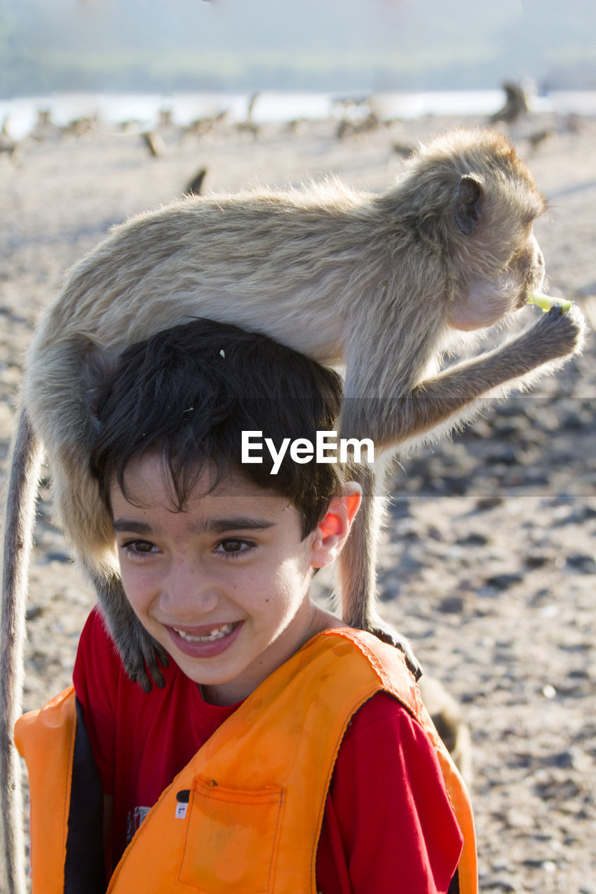 Monkey on smiling boy standing at beach