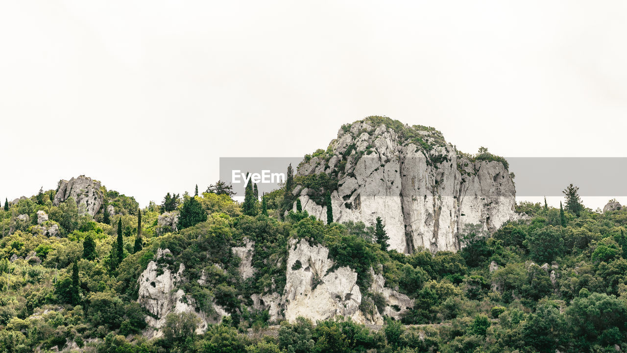 Low angle view of trees and rock formations against clear sky