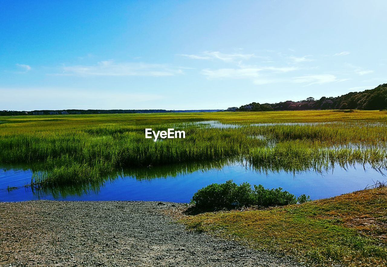 Scenic view of lake against cloudy sky