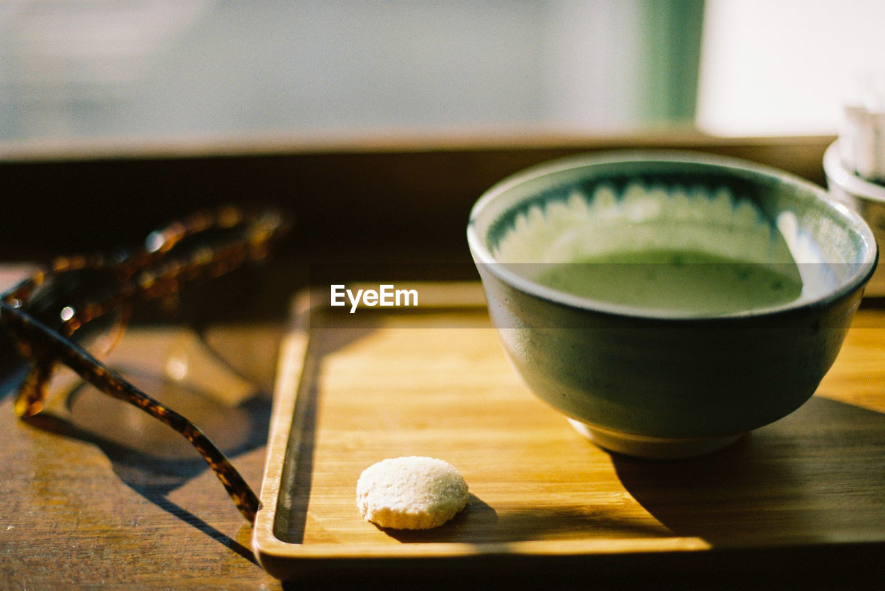 Close-up of matcha tea on table