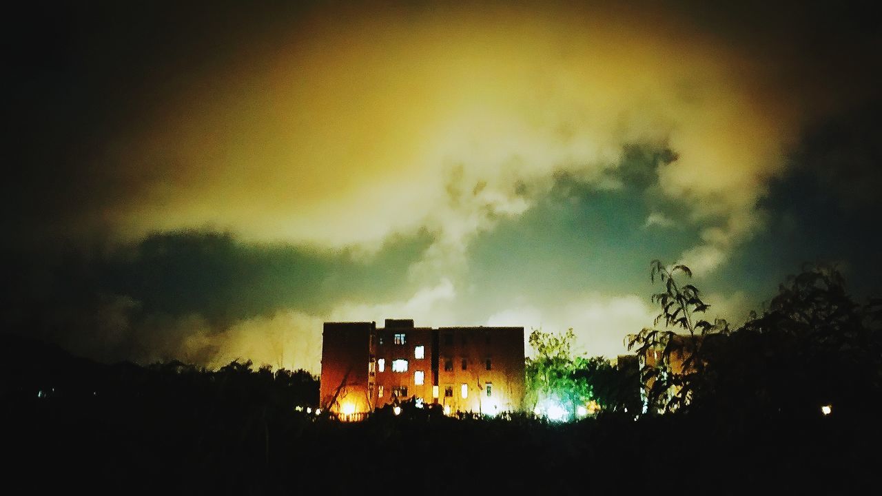 Low angle view of silhouette trees against sky at night