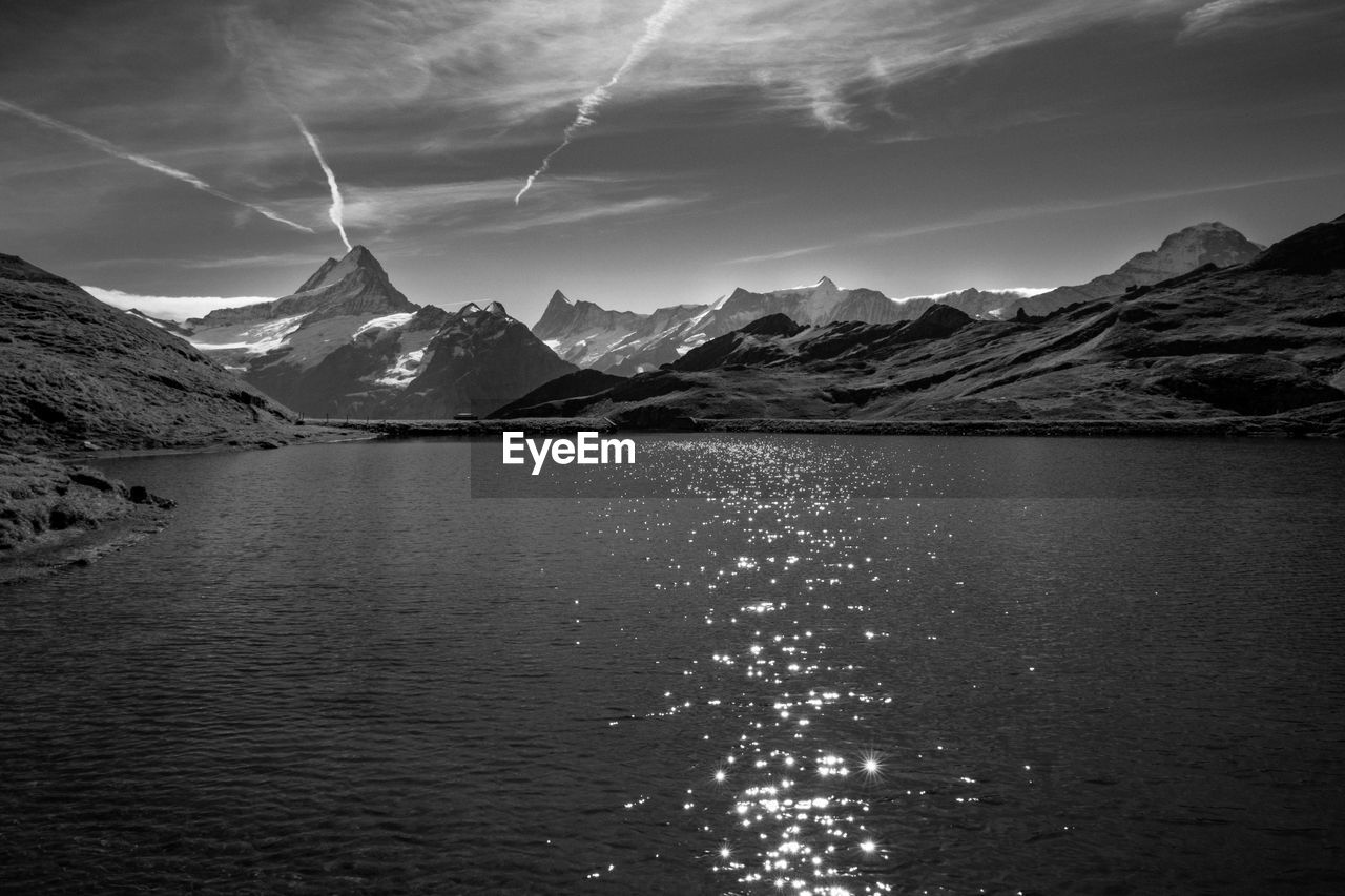 Scenic view of mountains and lake against sky