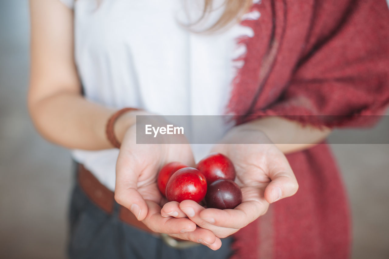 Midsection of woman holding plums