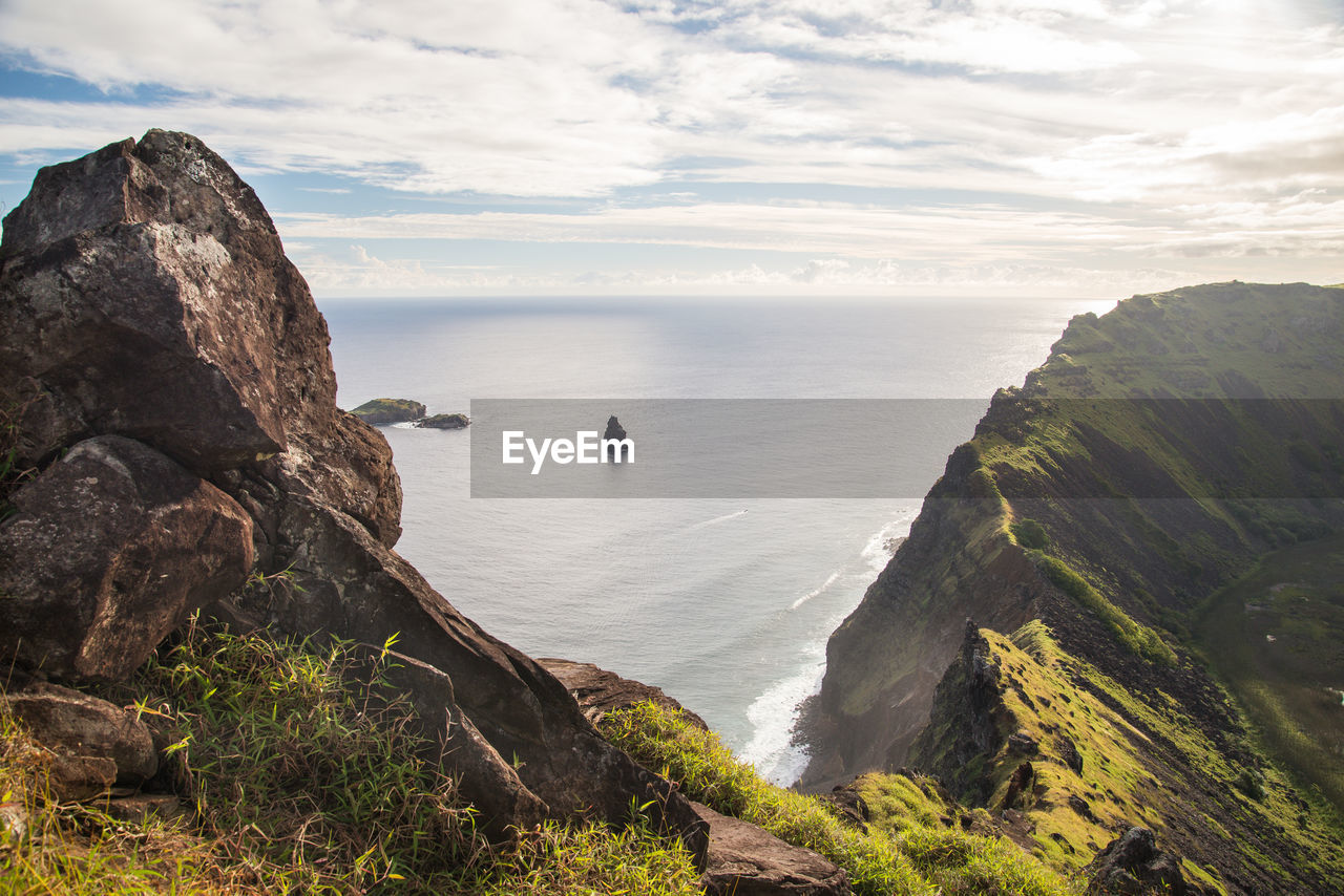 View from the top of the ranu kao volcano crater at easter island, valparaiso, chile