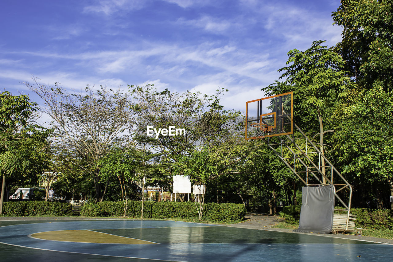 TREES BY SWIMMING POOL AGAINST SKY IN CITY