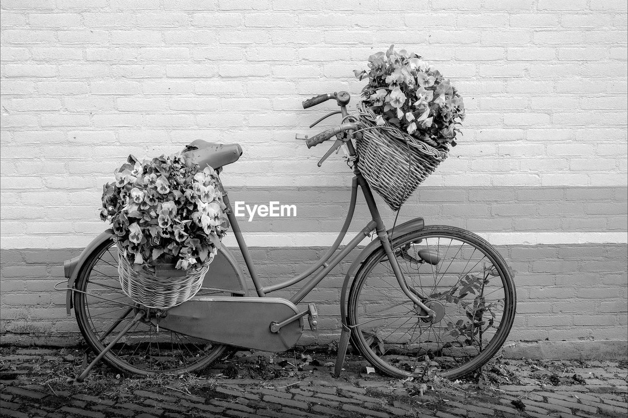 Bicycle with flower baskets parked against wall