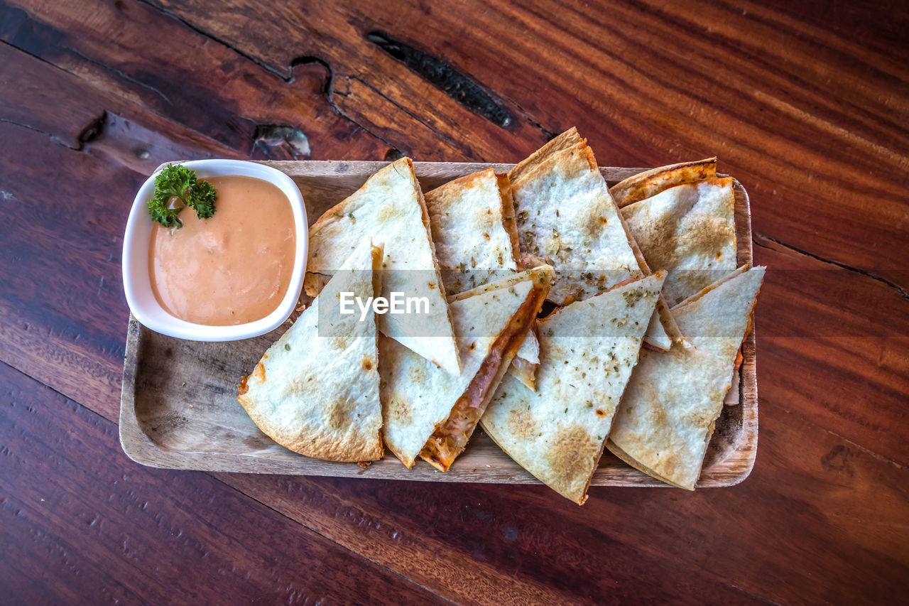 High angle view of meal served on table