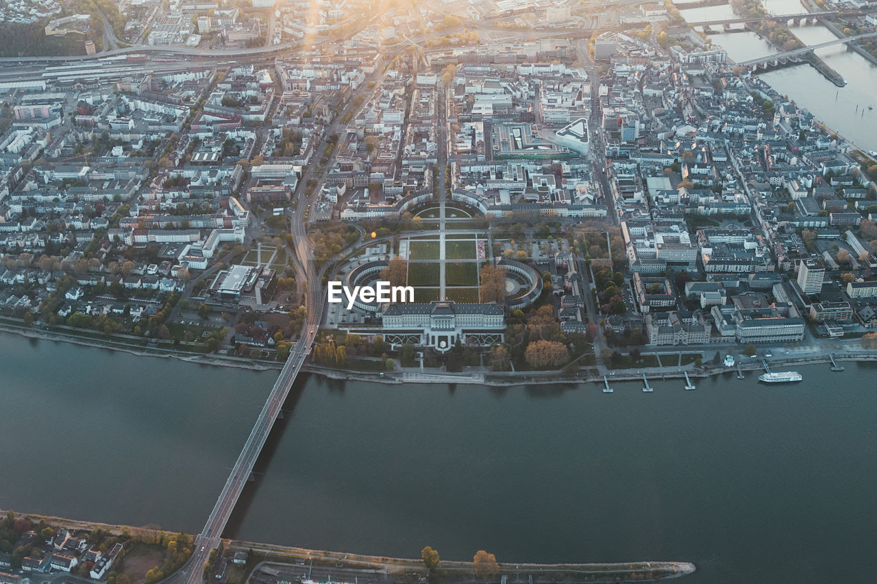 High angle view of river by buildings