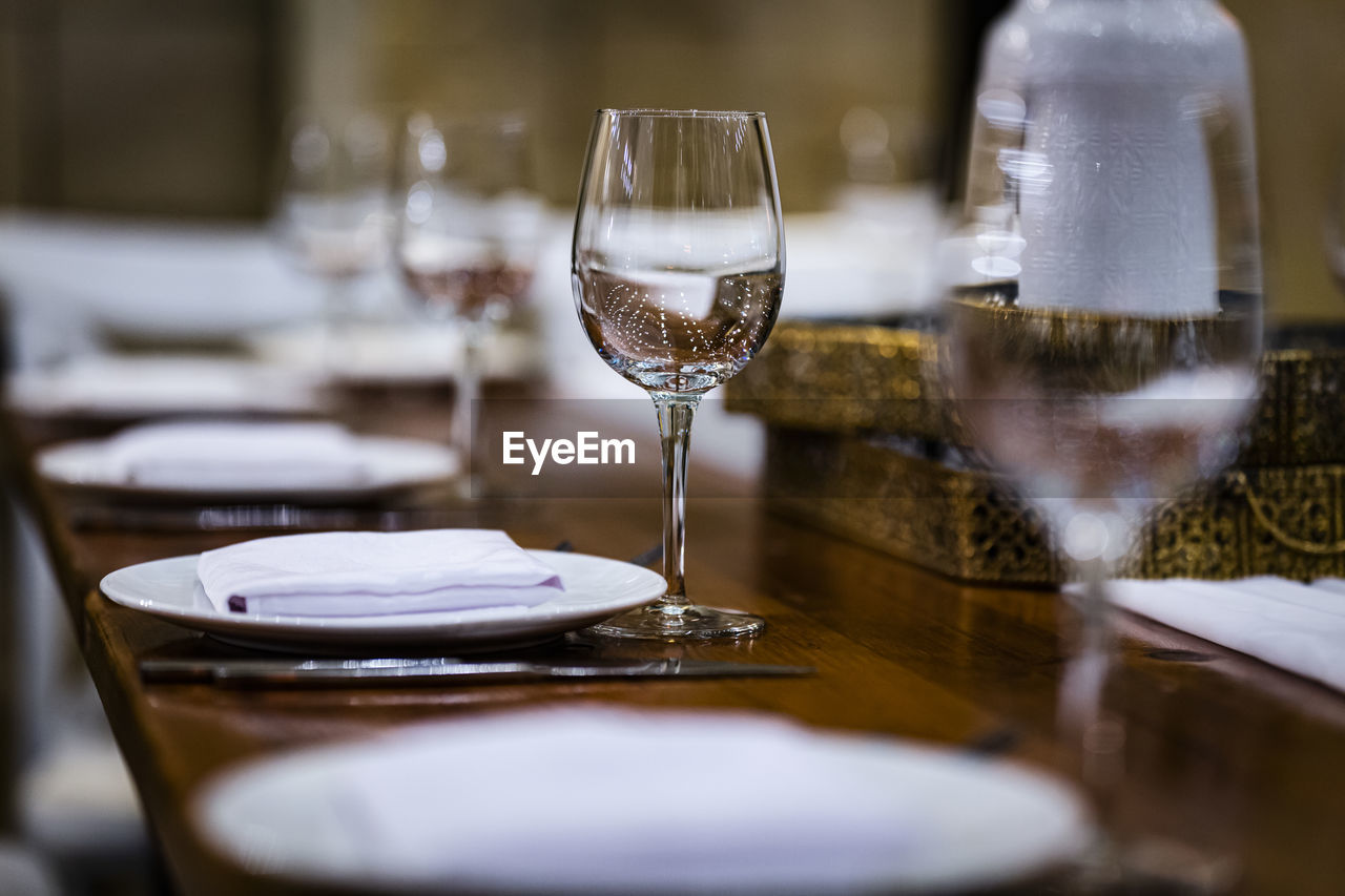 Glass of wine on table in restaurant