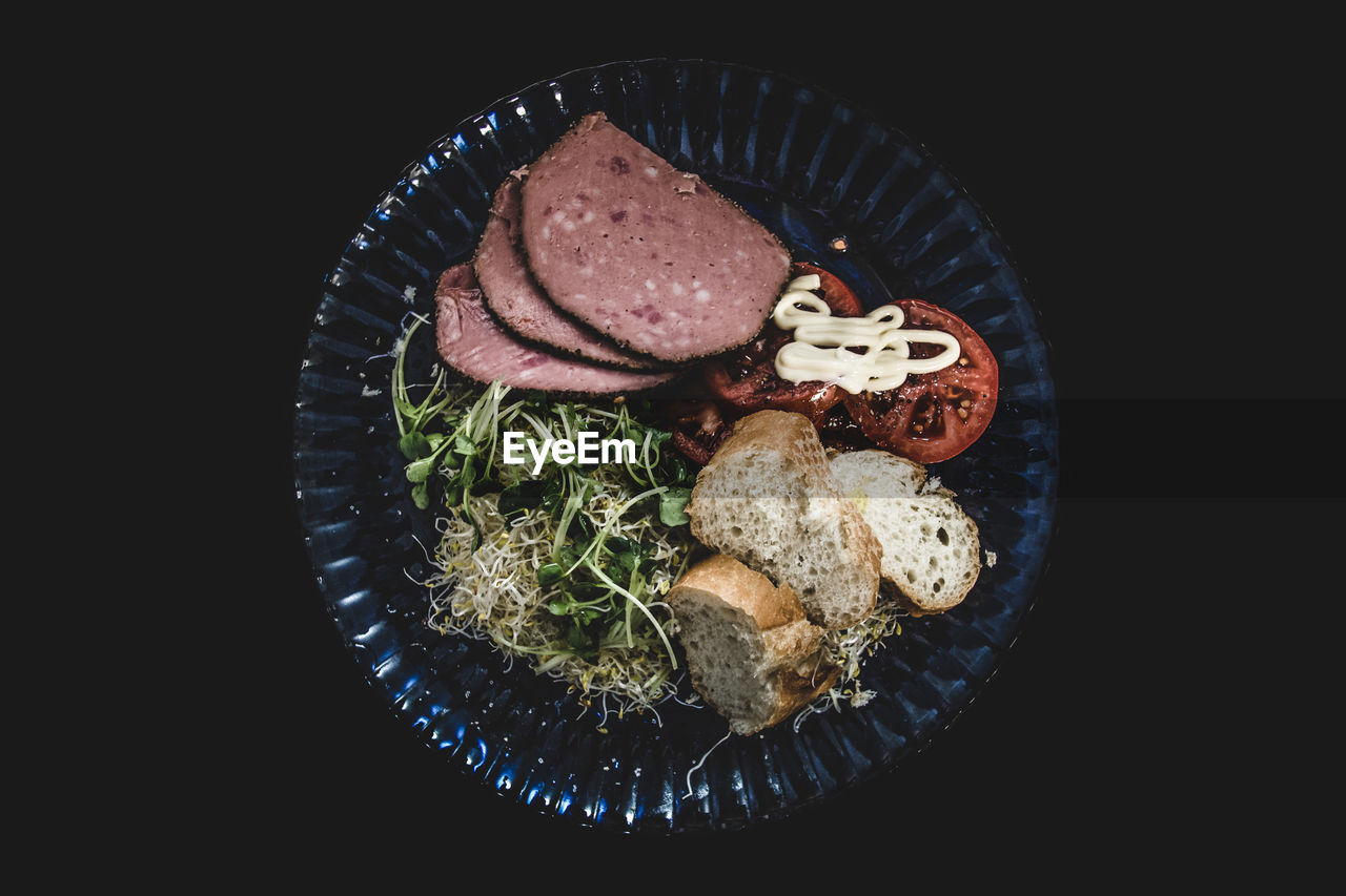 Directly above view of meal served in plate against black background