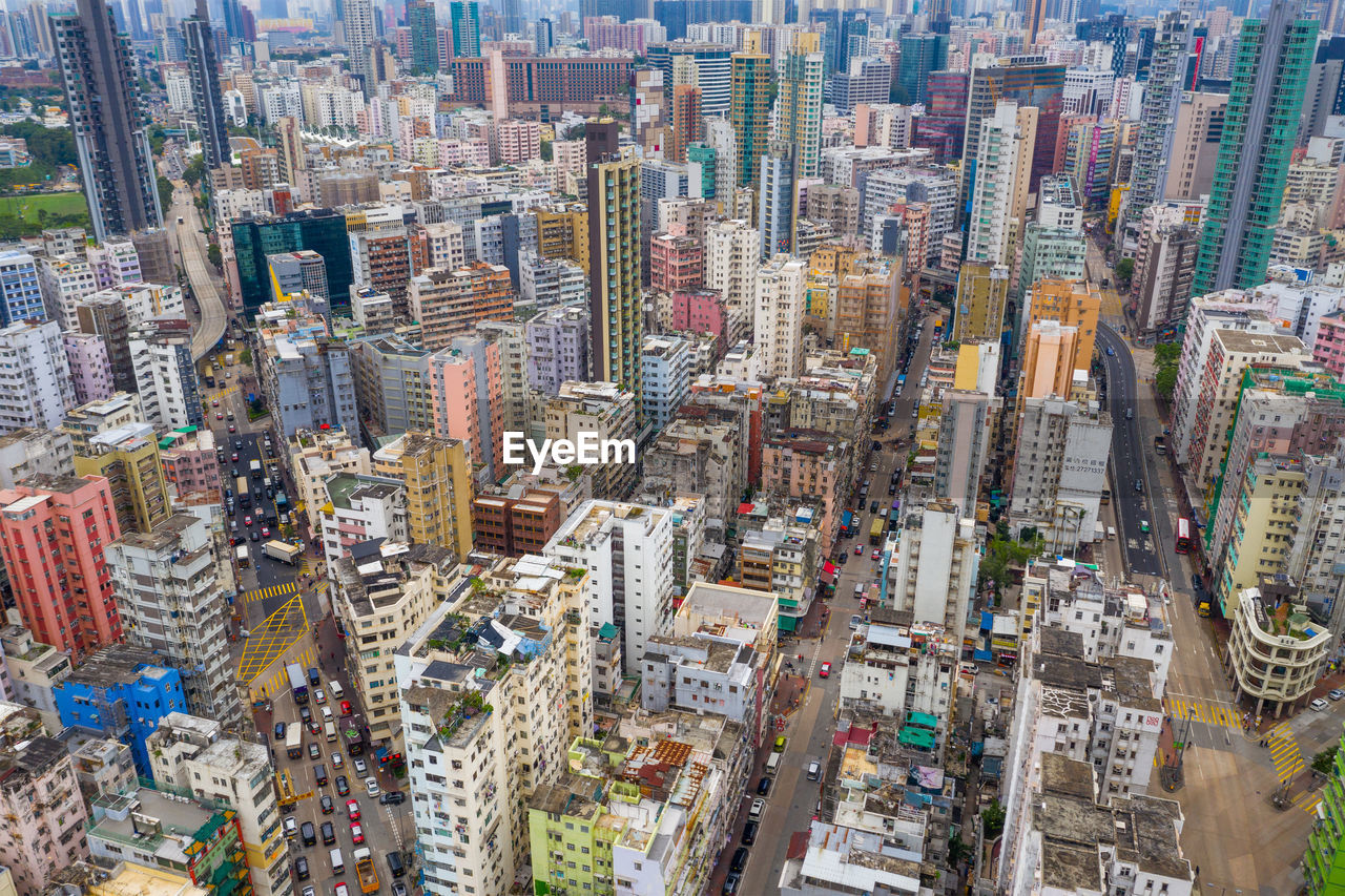 High angle view of modern buildings in city