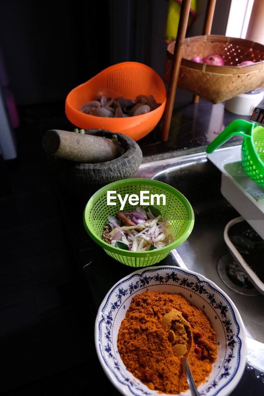 High angle view of food on table