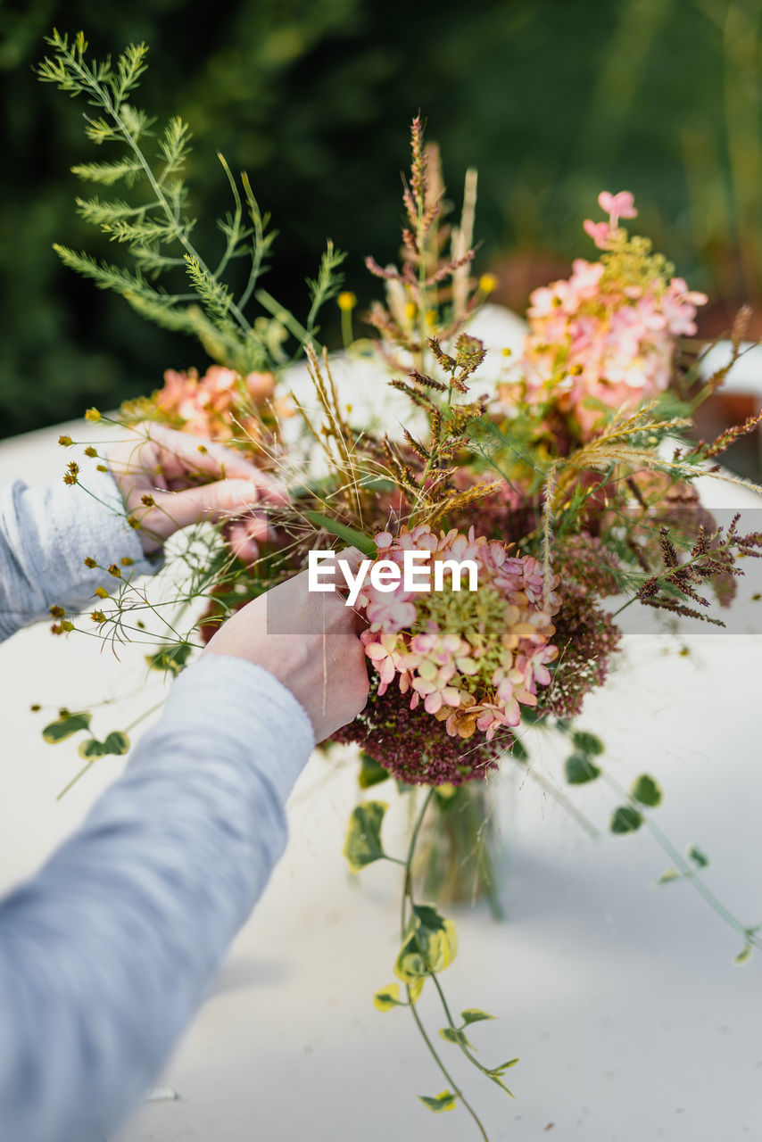 Cropped hand of woman holding flowering plant