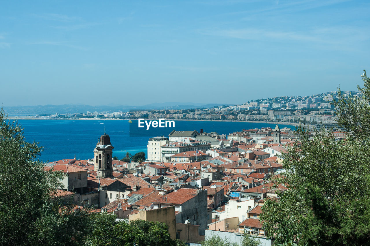 HIGH ANGLE SHOT OF TOWNSCAPE BY SEA AGAINST SKY