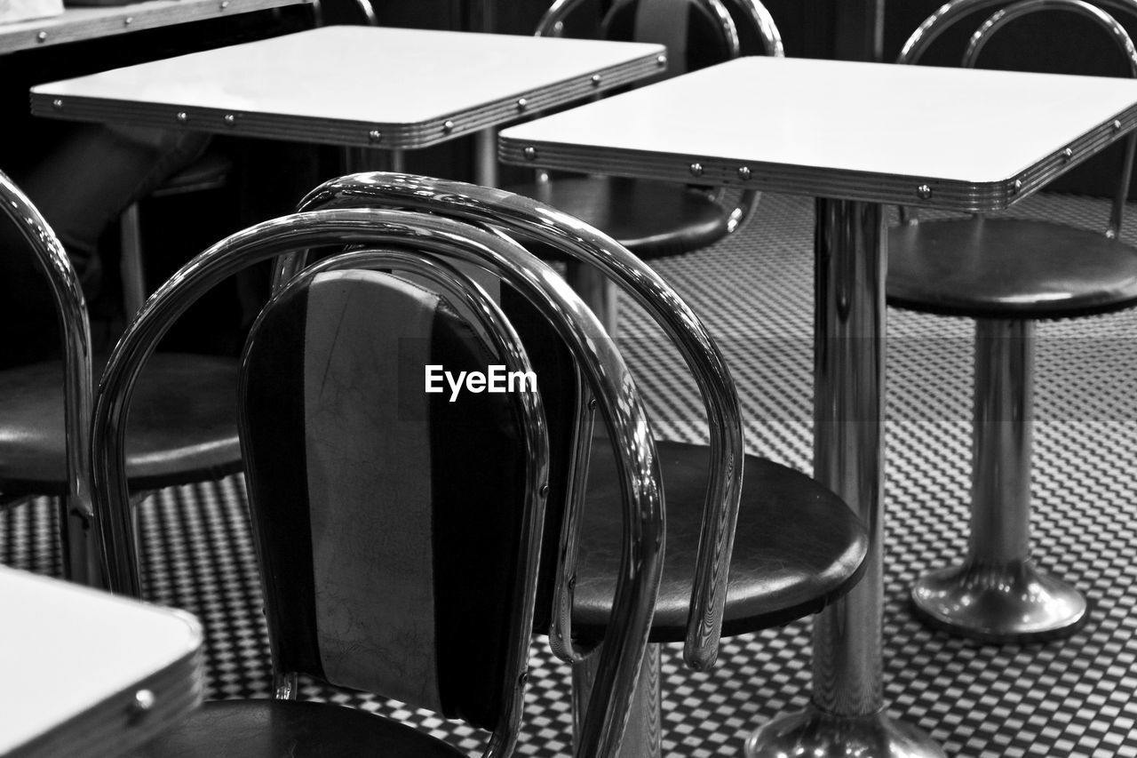 Close-up of empty chairs and tables in restaurant