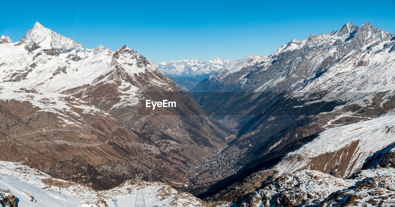 Scenic view of snowcapped mountains against clear sky