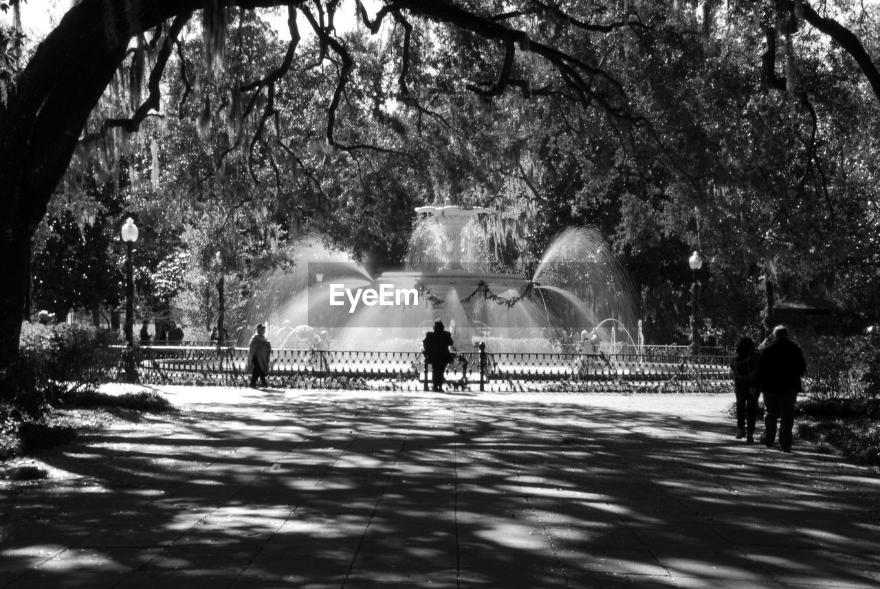 Silhouette people on walkway in park on sunny day