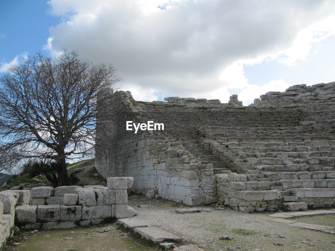 Bare tree by ruined structure against clouds