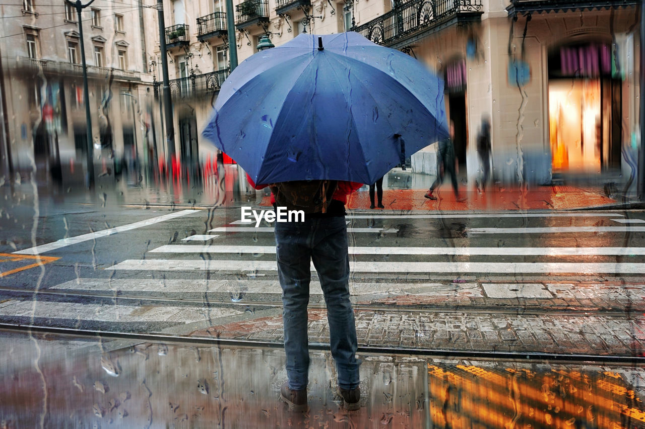 umbrella, rain, wet, protection, security, rainy season, monsoon, fashion accessory, city, architecture, water, drop, street, winter, road, adult, storm, walking, sheltering, building exterior, nature, raindrop, one person, city life, built structure, torrential rain, urban area, parasol, crossing, outdoors, city street, transportation, men, shield, holding, day, full length, shielding, extreme weather, snow, snapshot, standing, women, sign, below, crosswalk, raincoat, footpath