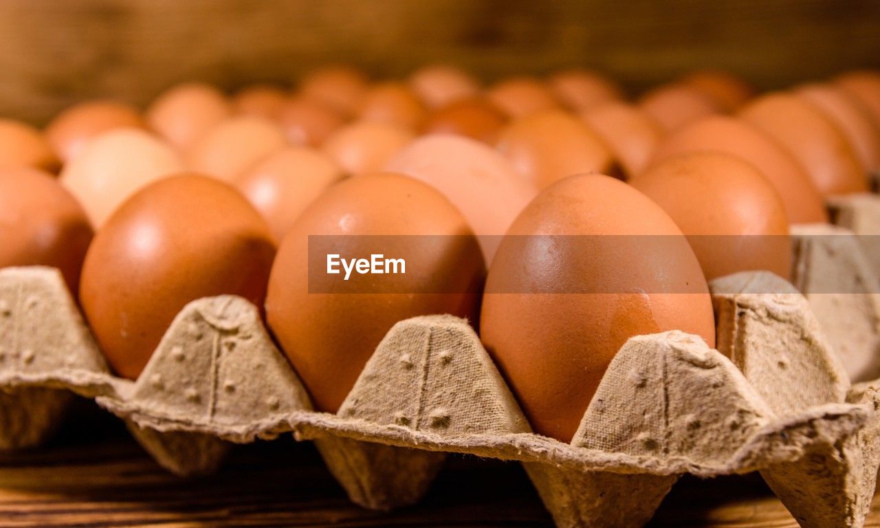 food, food and drink, egg, freshness, close-up, healthy eating, in a row, wellbeing, no people, large group of objects, brown, raw food, organic, egg carton, order, abundance, indoors, container, arrangement, wood, baked, selective focus, animal egg, focus on foreground, nature, group of objects, still life, agriculture, macro photography