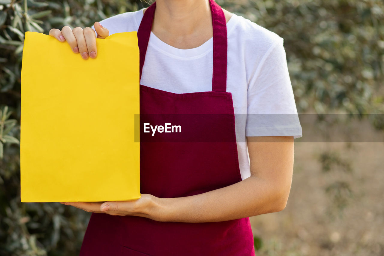 Woman in an apron hold  paper bag with eco products. organic food. delivery of organic bio products 