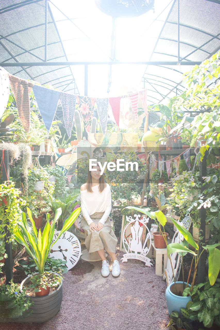 Portrait of woman with potted plants in greenhouse