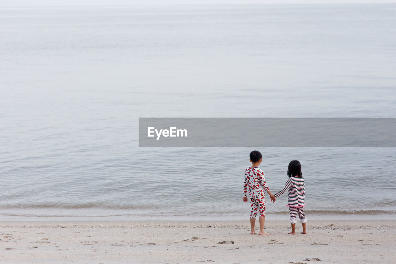 Rear view of siblings holding hands at beach