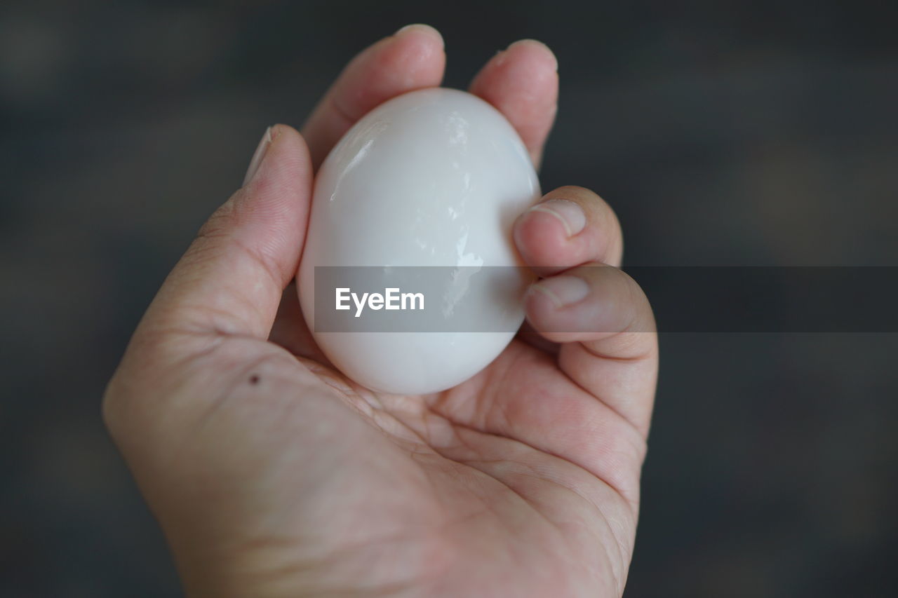 Close-up of hand holding boiled egg