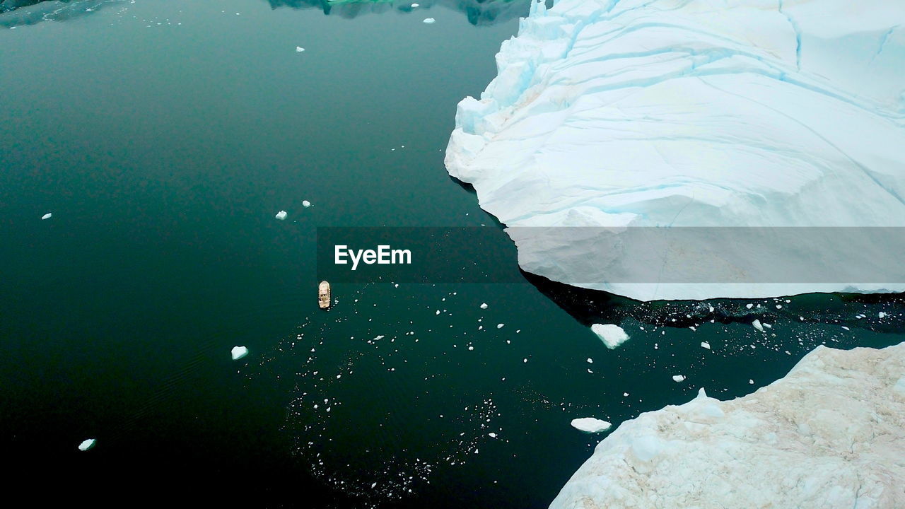 Aerial view of ice bergs in lake