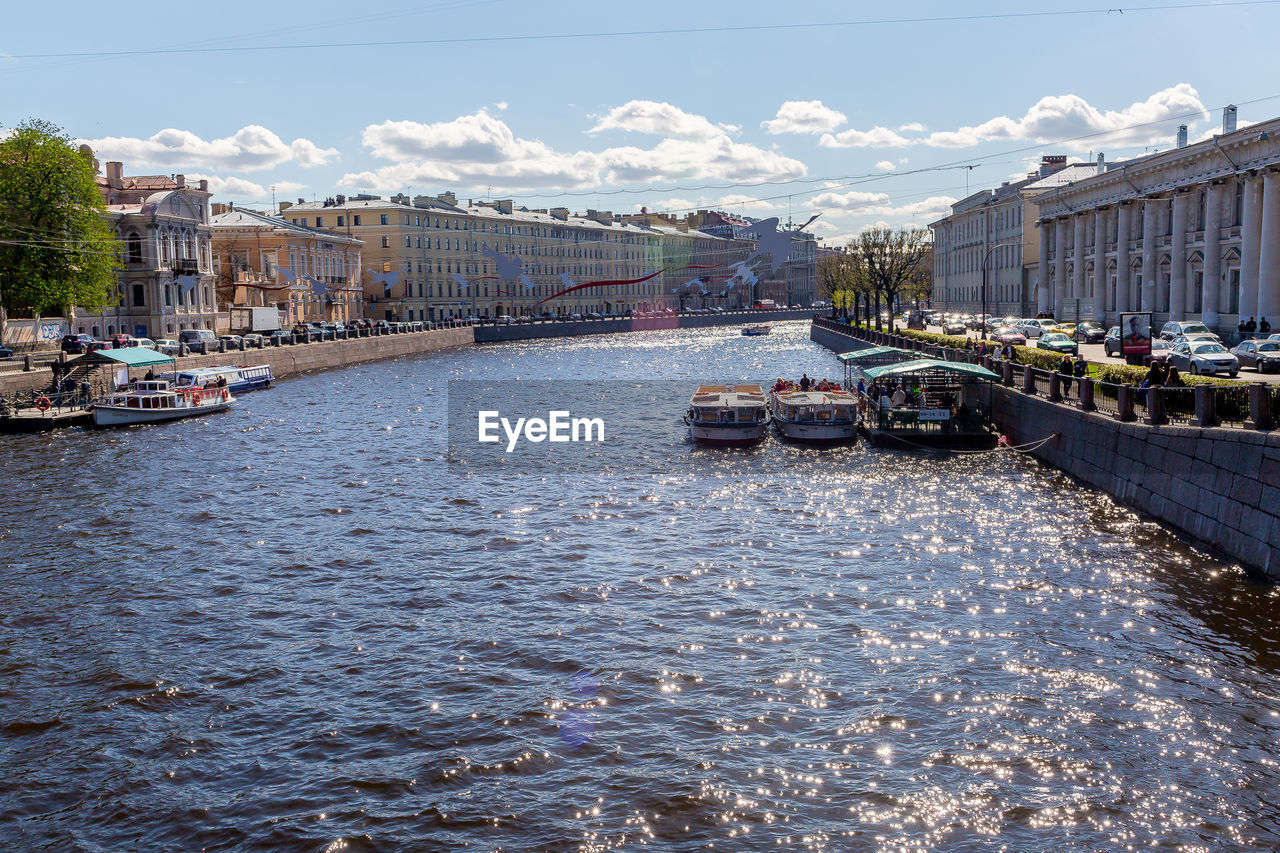 BOATS IN RIVER WITH CITY IN BACKGROUND