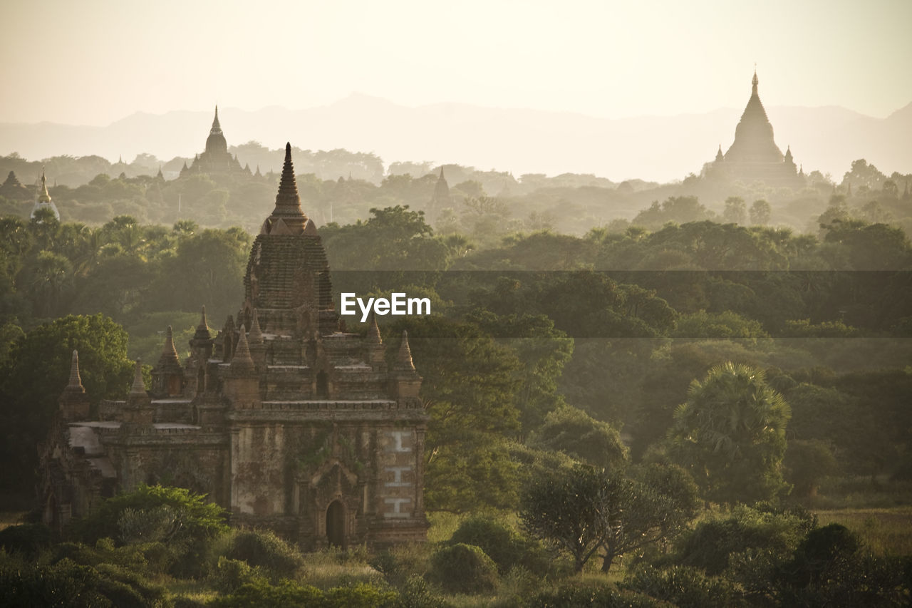 Historic temples by trees at bagan archaeological zone