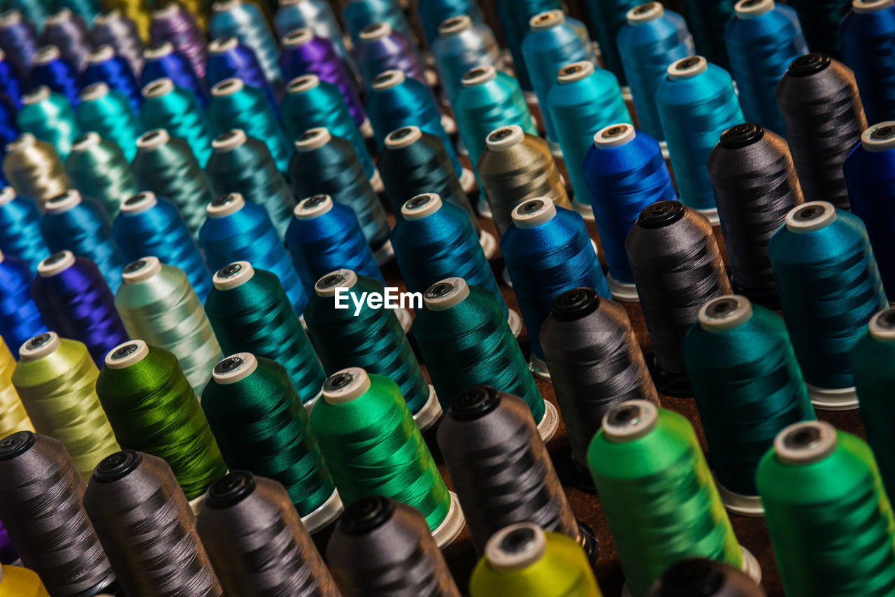 Full frame shot of colorful thread spools