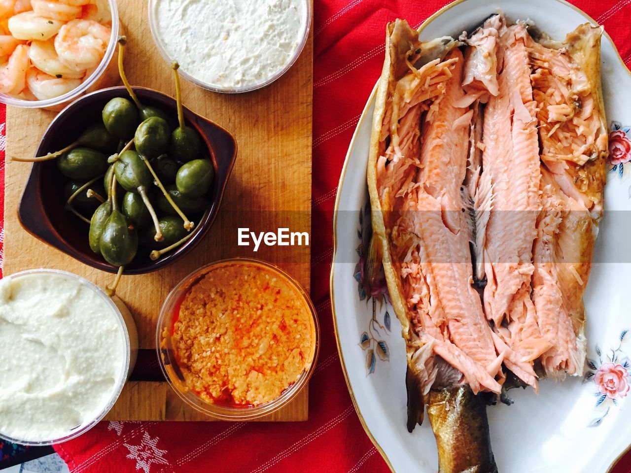 High angle view of food served on table