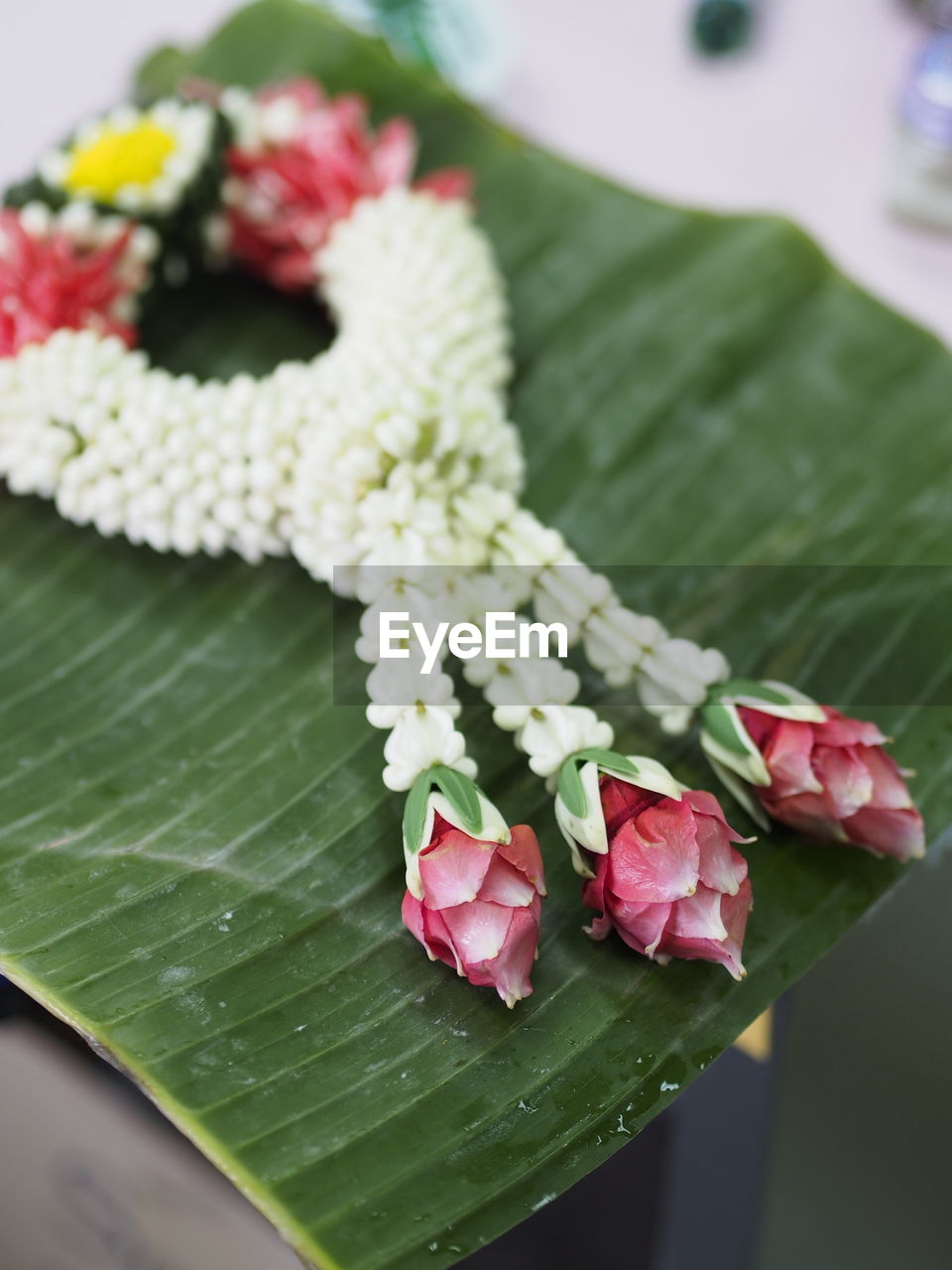 Close-up of floral garland on banana leaf