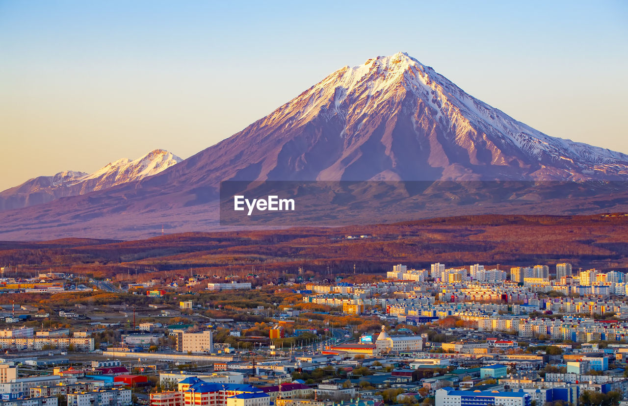 Panoramic view of the city petropavlovsk-kamchatsky and volcanoes