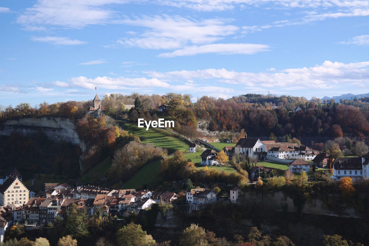 High angle view of townscape against sky