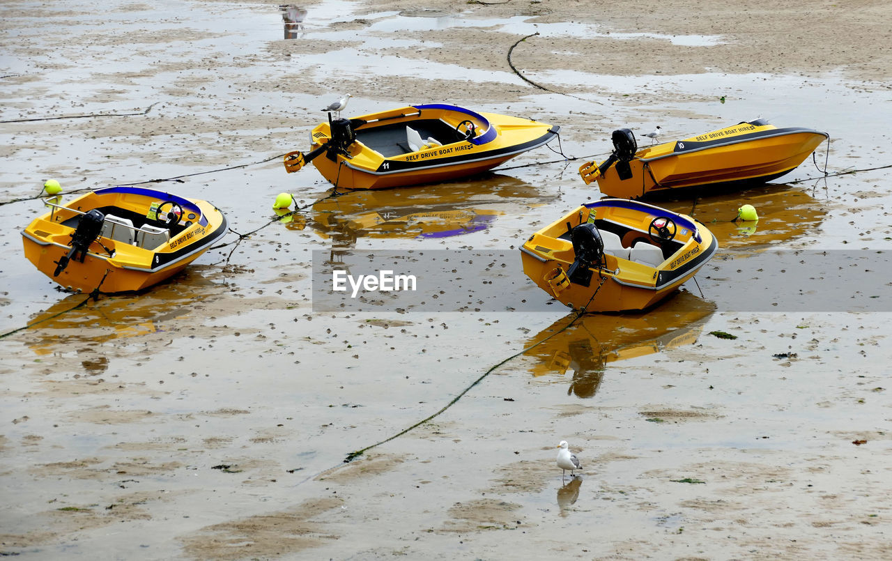 HIGH ANGLE VIEW OF BOAT ON SHORE