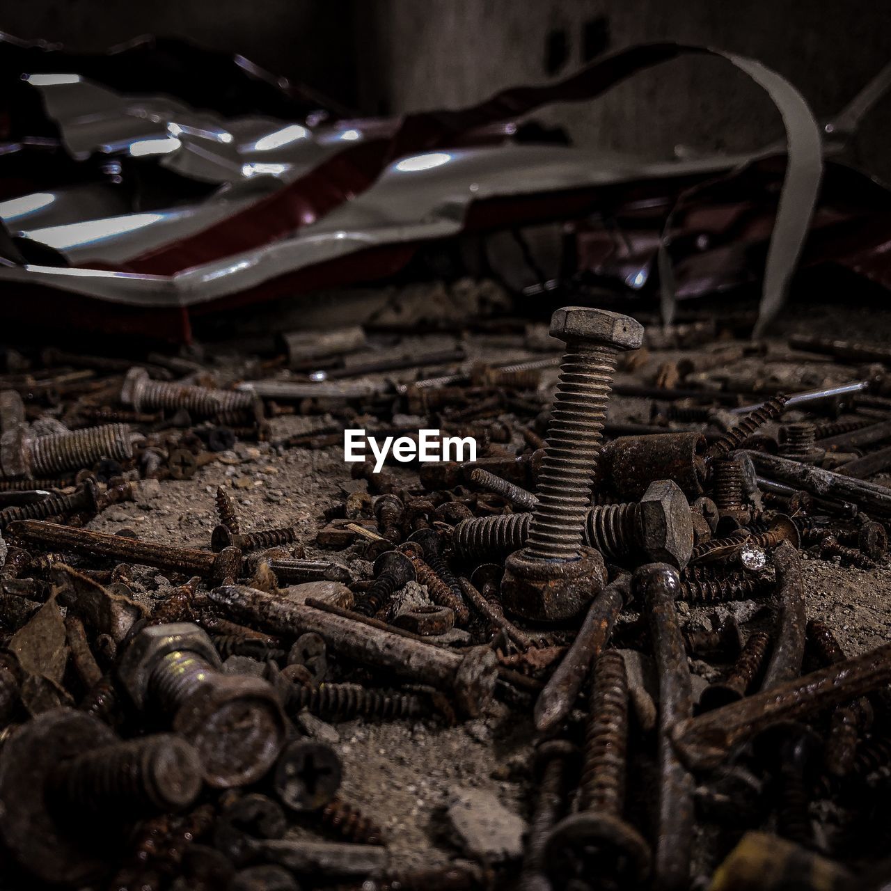 Close-up of rusty screws and nails 