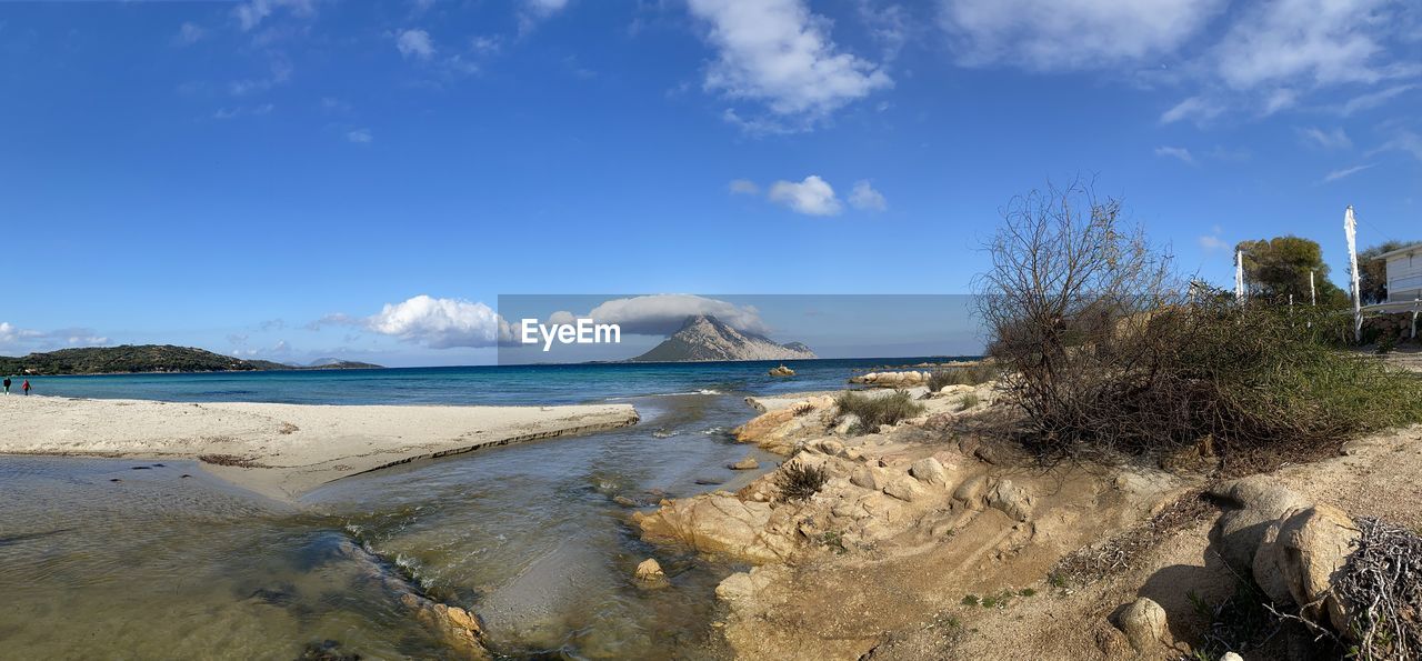 Scenic view of beach against blue sky