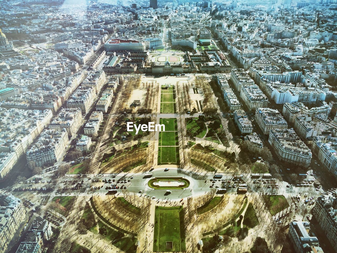 High angle view of champ de mars park amidst cityscape