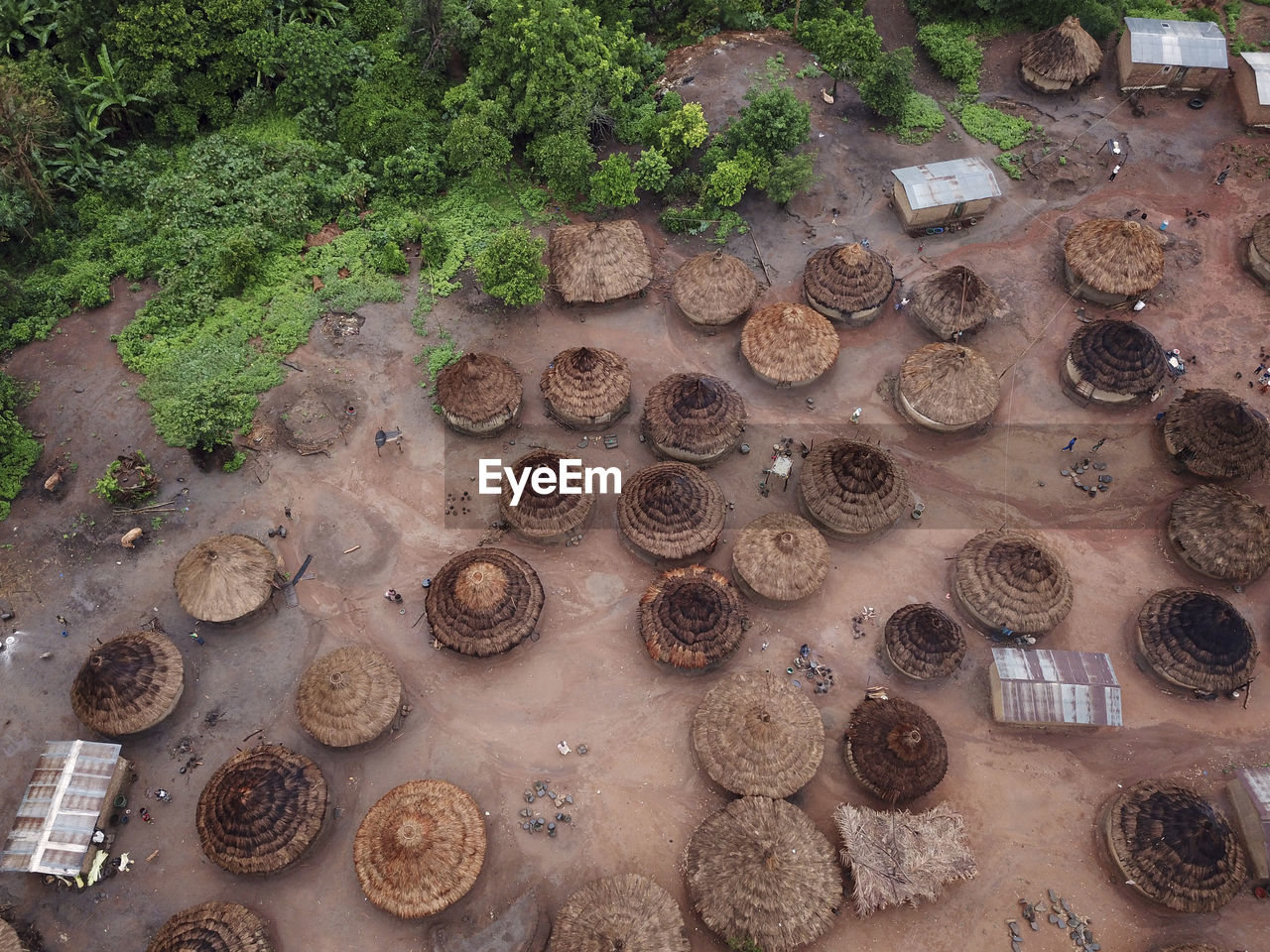 Ivory coast, korhogo, aerial view of traditional african village