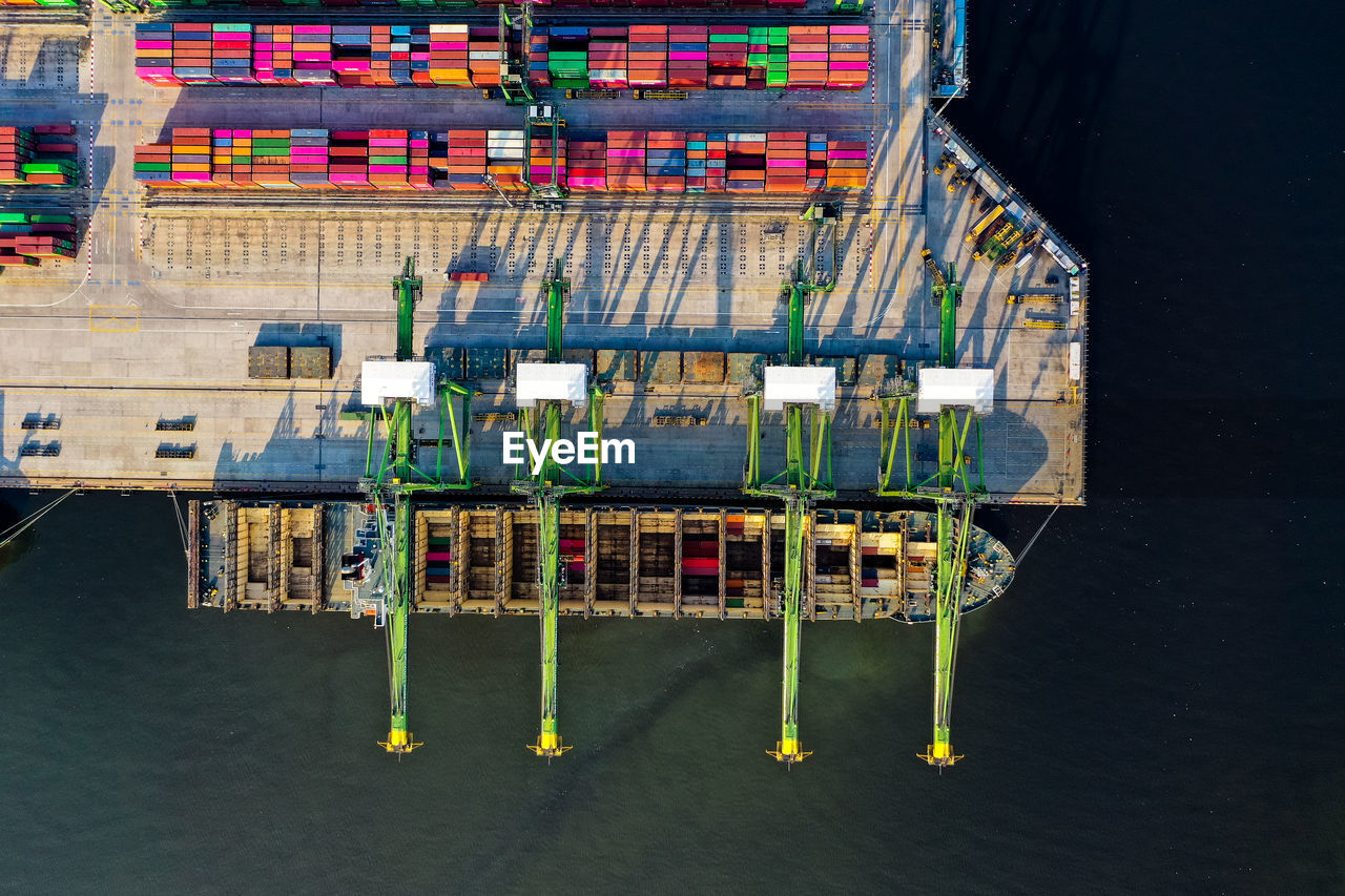 High angle view of city, new priok container terminal  