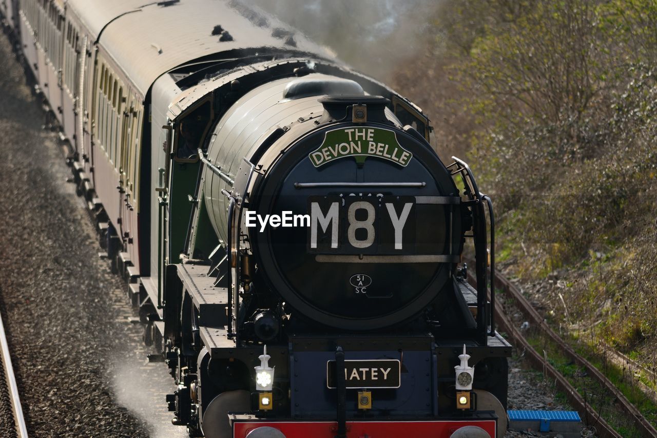 High angle view of steam train on move