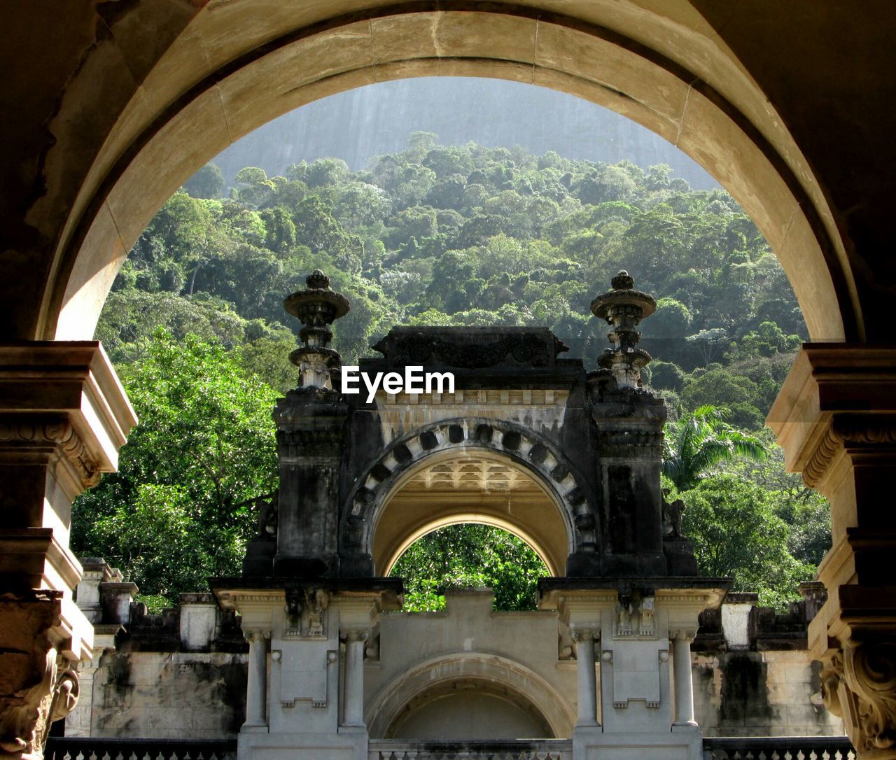 Low angle view of trees seen from arch of old building