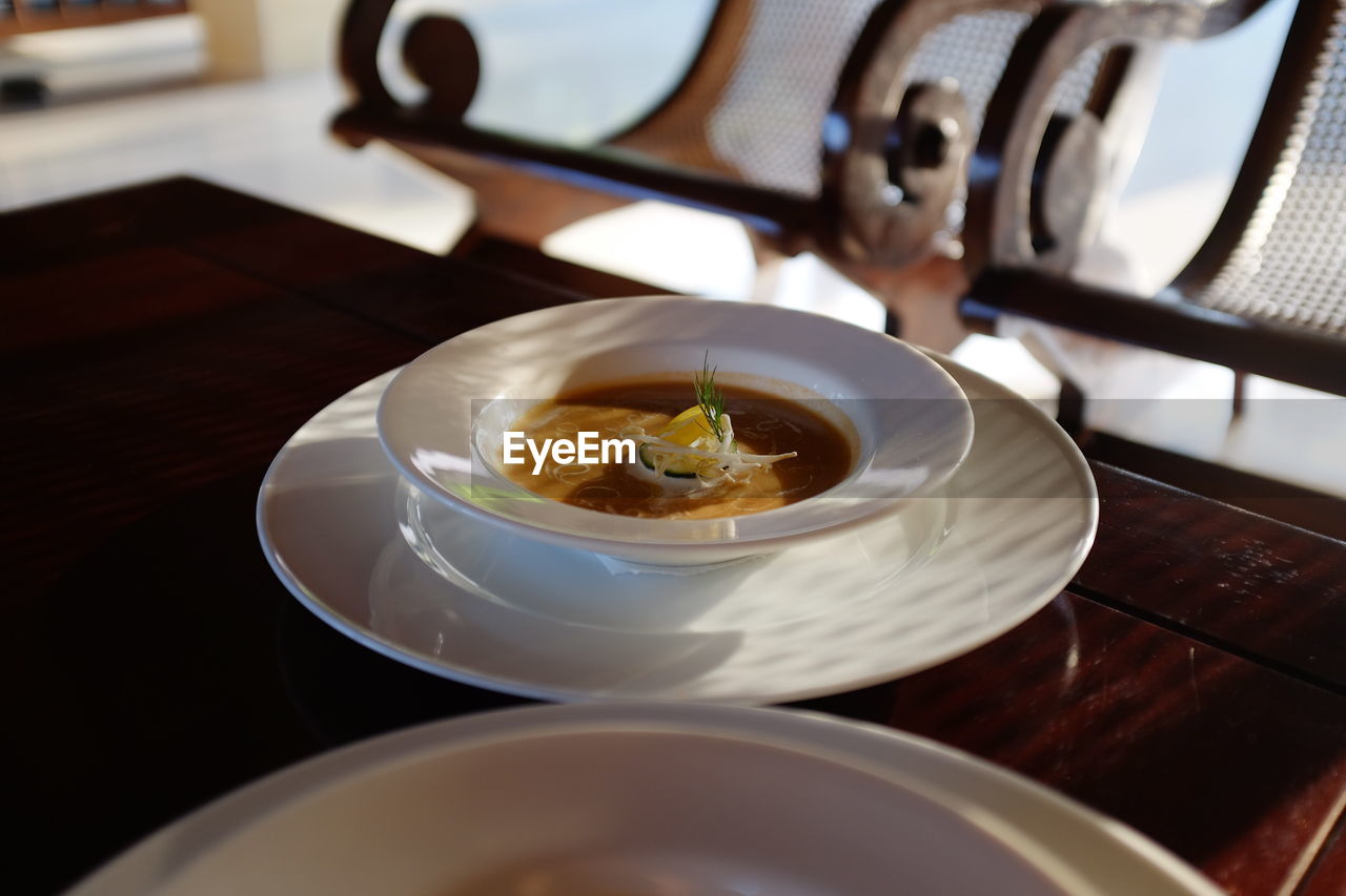 Close-up of soup in bowl on table