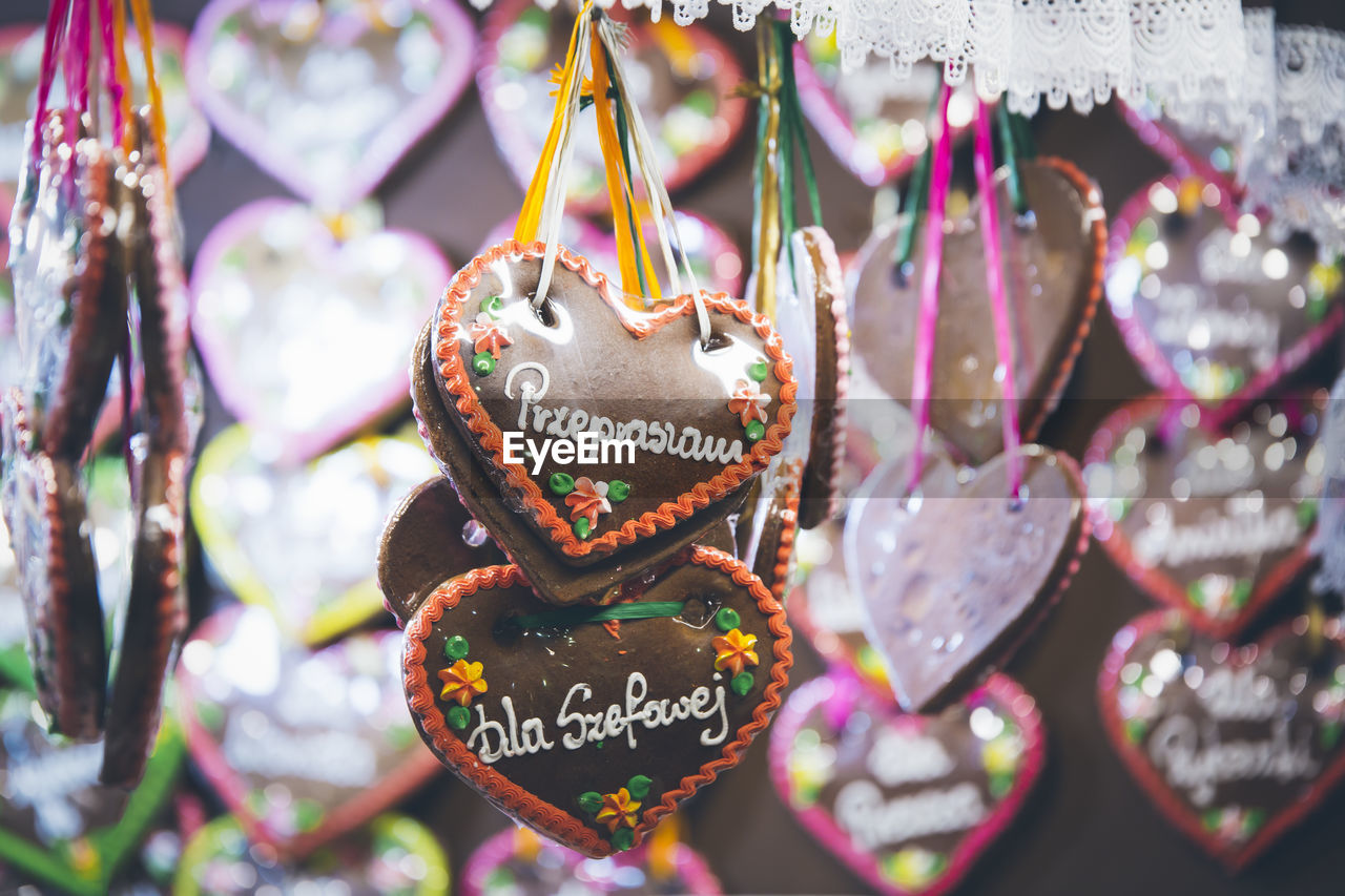 Close-up of hanging gingerbread hearts